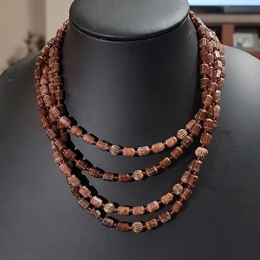 Western Germany Vintage Triple Strand Brown Bronze Metallic Beaded Necklace